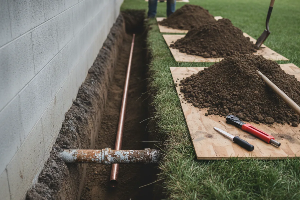 Excavated water line trench during Water Heater Repair in Bellevue